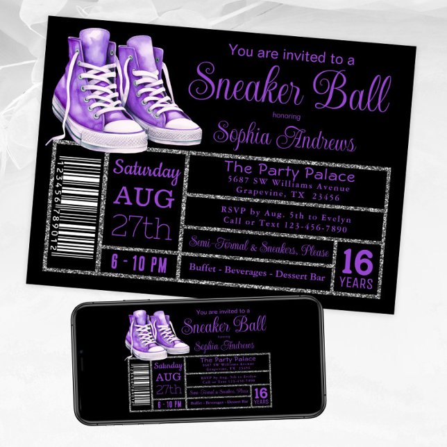 Invitación Etiqueta de zapato de fiesta de cumpleaños de crem (Purple black sneaker ball invitation. Available for instant download and print.)