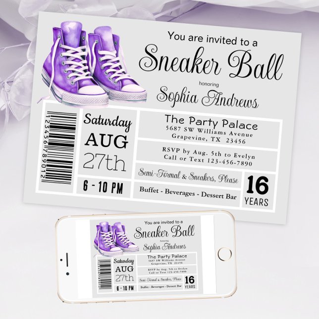 Invitación Etiqueta de zapato de fiesta de cumpleaños de crem (Purple sneaker ball invitation shoe label style. Available in instant download and print files.)