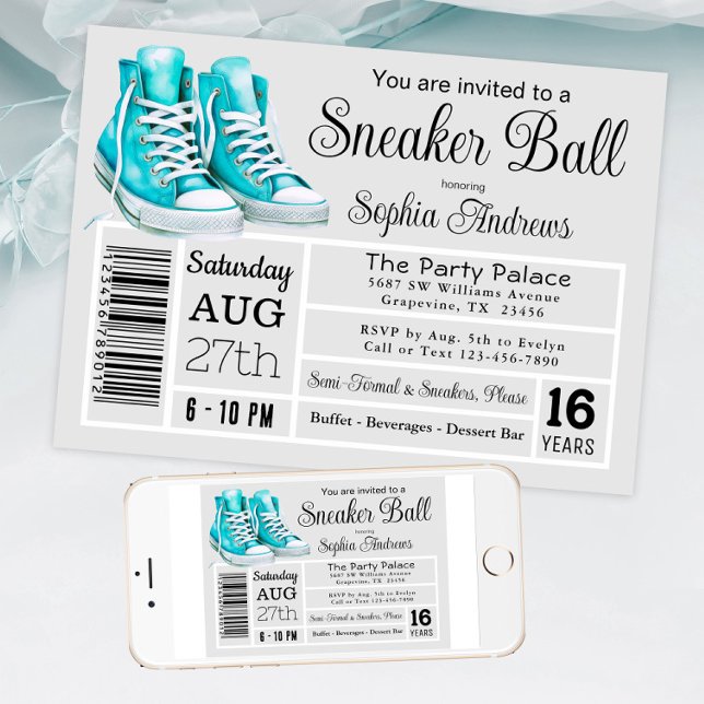 Invitación Etiqueta de zapato de fiesta de cumpleaños de pelo (Teal sneaker ball invitation shoe label style. Available for instant download and print.)