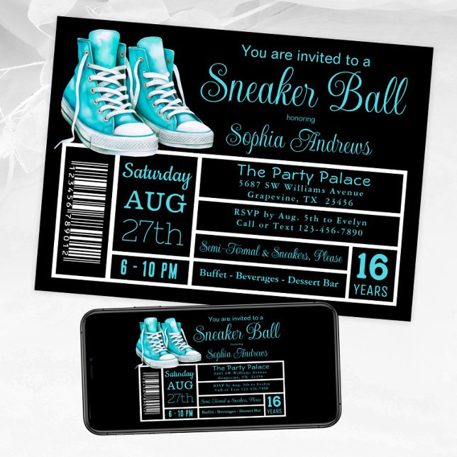 Invitación Etiqueta de zapato para fiesta de cumpleaños con z (Teal sneaker ball invitation shoe label style. Available for instant download and print.)