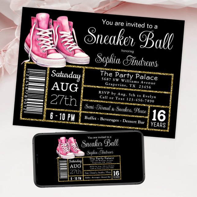 Invitación Etiqueta de zapato para fiesta de cumpleaños de la (Pink sneaker ball invitation. Shoe box label sneaker ball invite. Instant download and print.)