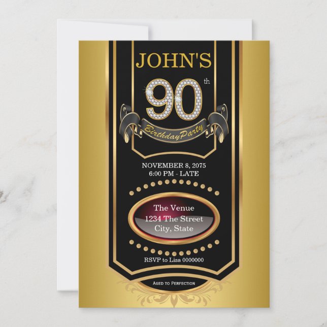 Invitación Etiqueta Gold Whiskey Mans 90th Birthday Party (Anverso)