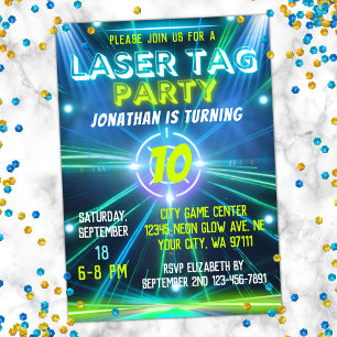 Invitación Etiqueta Láser Azul Verde Neon Glow Cumpleaños de 
