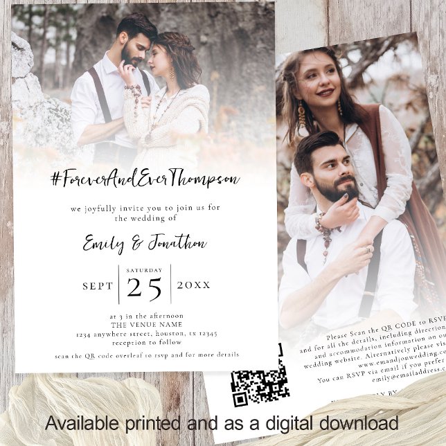 Invitación Etiqueta Nombre para siempre 2 Foto Superposición  (Front and back view. Available digitally and printed. Part of a large matching wedding suite)