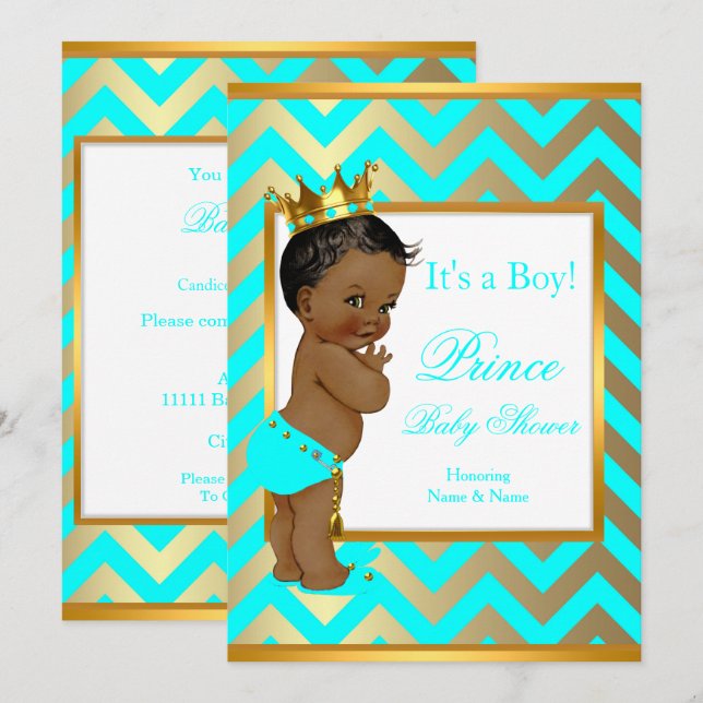 Invitación Etnia azul Verde azulada de oro de Prince Baby Sho (Anverso / Reverso)