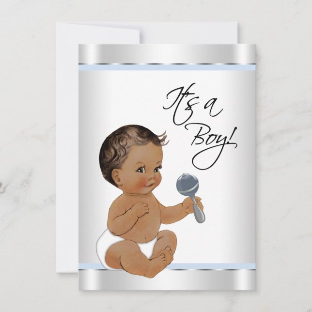 Invitación Etnia Baby Blue Silver Baby Shower (Anverso)