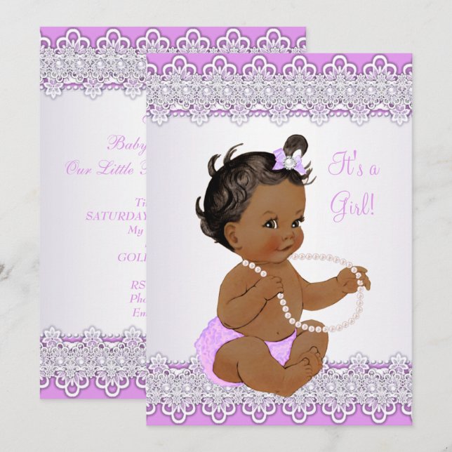 Invitación Etnia Baby Shower Chica Lavender Lace Pearl (Anverso / Reverso)