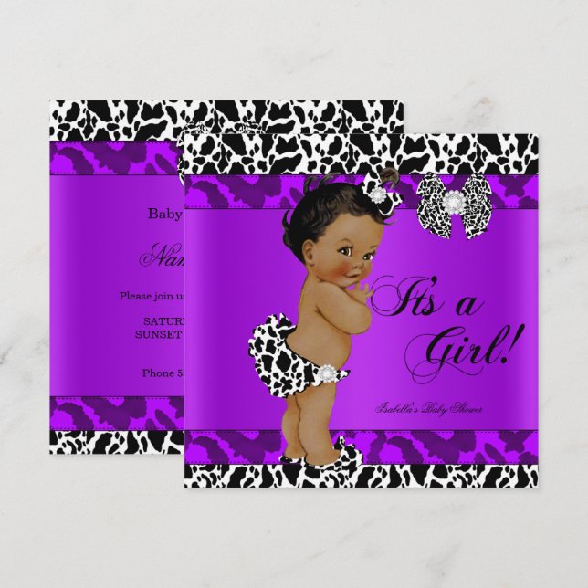 Invitación Etnia Baby Shower Chica púrpura de vaca leopardo (Anverso / Reverso)