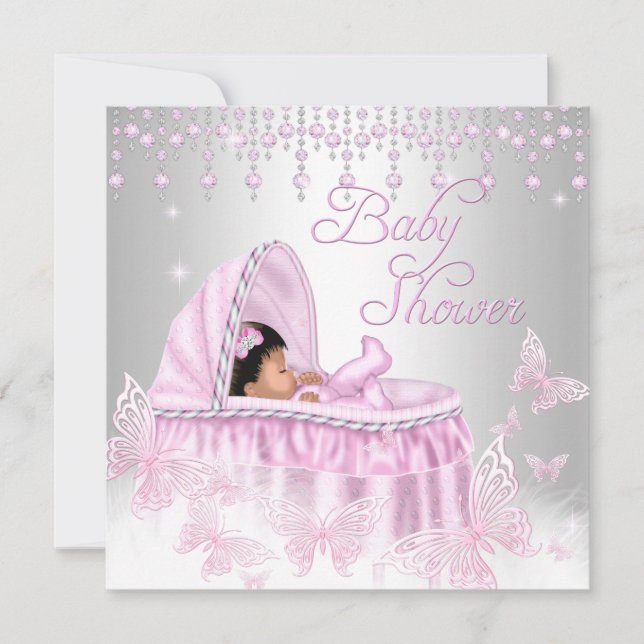 Invitación Etnia Baby Shower de la mariposa rosa plateada (Anverso)