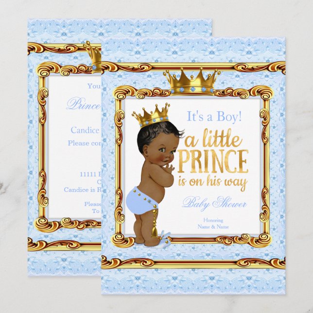 Invitación Etnia Baby Shower de Light Blue Gold White Prince (Anverso / Reverso)