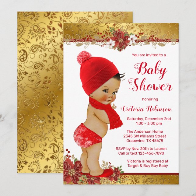 Invitación Etnia Baby Shower de los Navidades Red Gold (Anverso / Reverso)