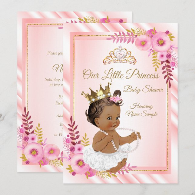 Invitación Etnia Baby Shower de princesa blanca floral rosa (Anverso / Reverso)