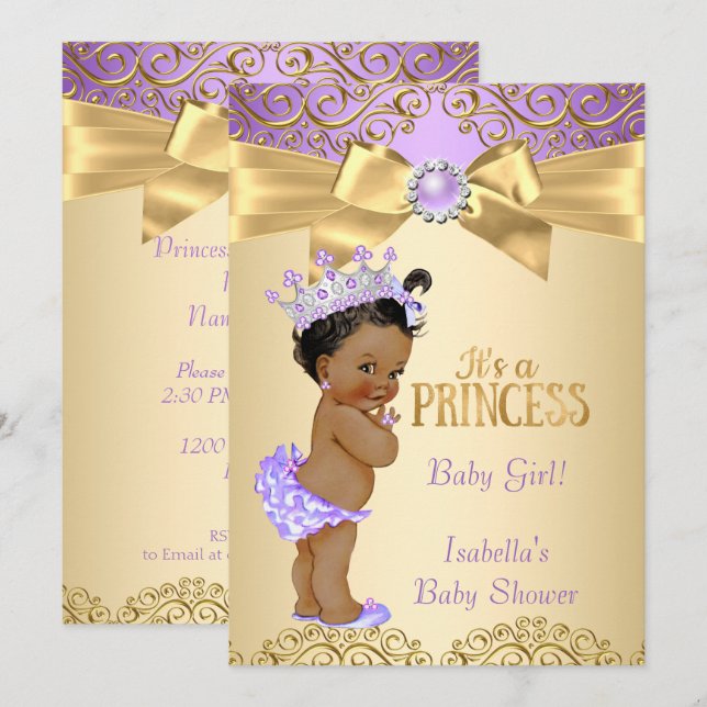 Invitación Etnia Baby Shower de Princesa Princesa de Oro Púrp (Anverso / Reverso)