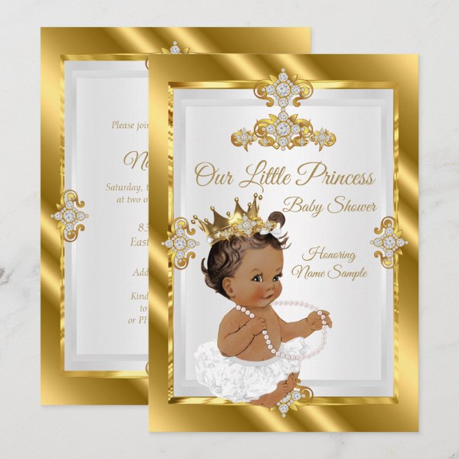 Invitación Etnia Baby Shower de princesas blancas de oro (Anverso / Reverso)