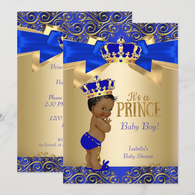 Invitación Etnia Baby Shower del príncipe del oro azul real (Anverso / Reverso)