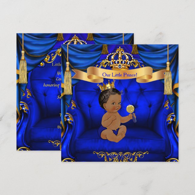 Invitación Etnia de Baby Shower Prince Royal Blue Gold (Anverso / Reverso)