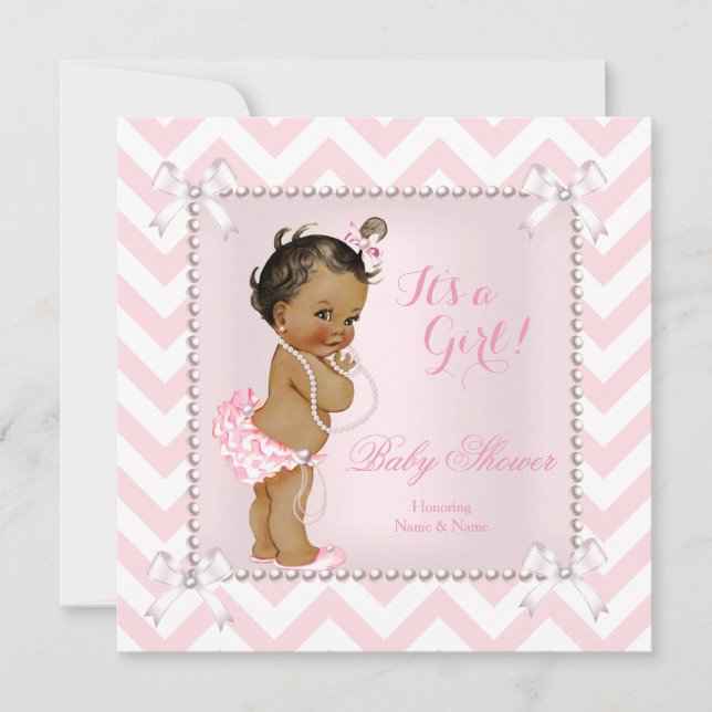 Invitación Etnia de Chevron Blanco Perla Rosa Chica de Baby S (Anverso)