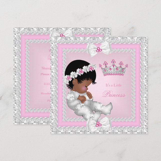 Invitación Etnia de Damasco Gris Blanco Rosa de la Princesa B (Anverso / Reverso)