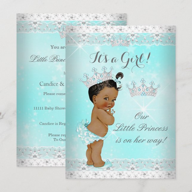 Invitación Etnia de la princesa Baby Shower Aqua Lace Tiara (Anverso / Reverso)