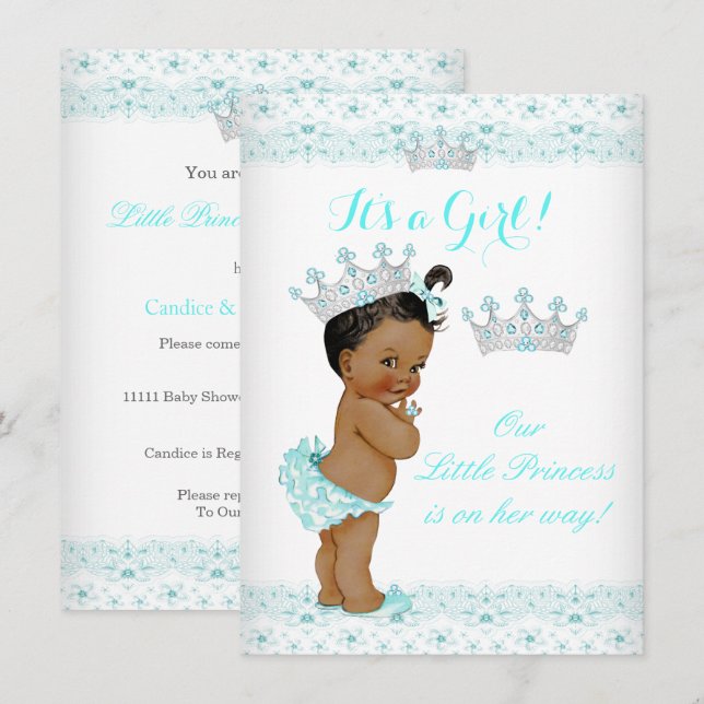 Invitación Etnia de la princesa Baby Shower Aqua White Tiara (Anverso / Reverso)