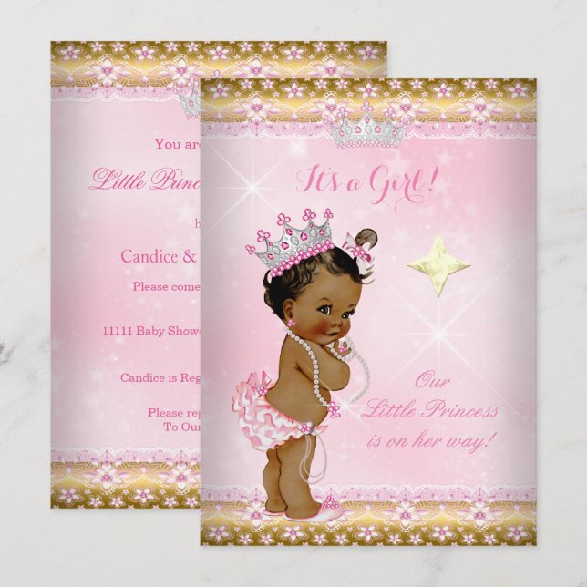 Invitación Etnia de la princesa Baby Shower Pink Gold Lace Ti (Anverso / Reverso)