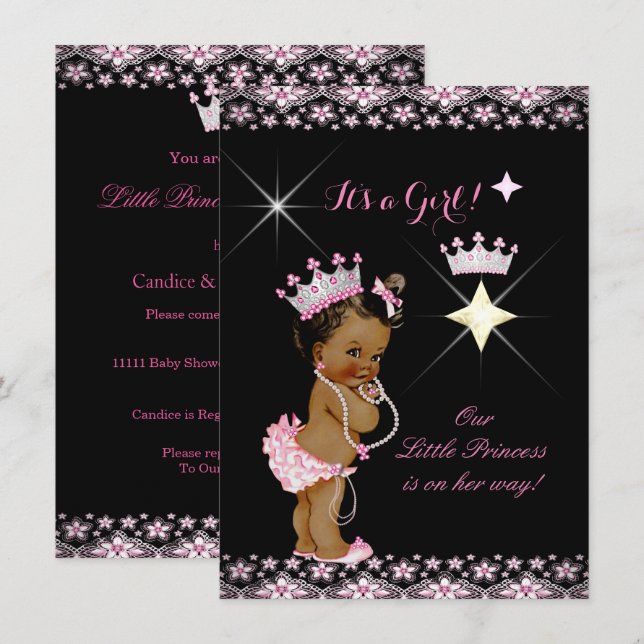 Invitación Etnia de la princesa Baby Shower rosada negra tiar (Anverso / Reverso)
