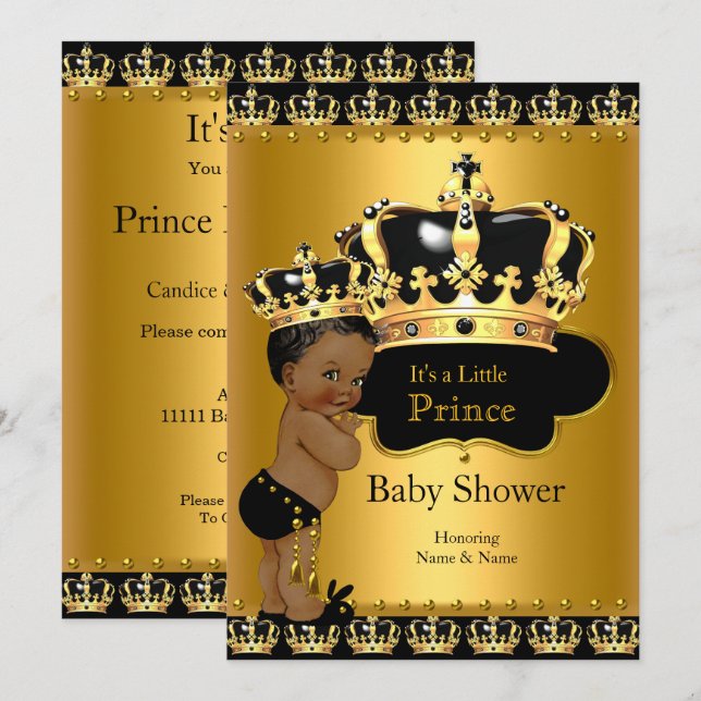 Invitación Etnia de oro negro del príncipe real Baby Shower (Anverso / Reverso)