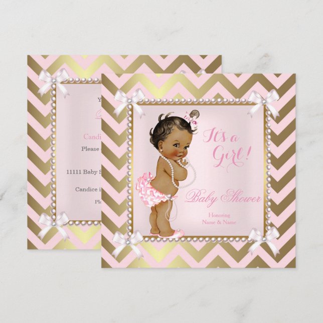 Invitación Etnia del Chica de Baby Shower Pearl Gold Chevron (Anverso / Reverso)