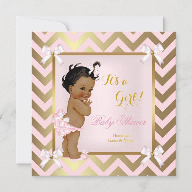 Invitación Etnia del Chica de Baby Shower Rosa Gold Chevron (Anverso)
