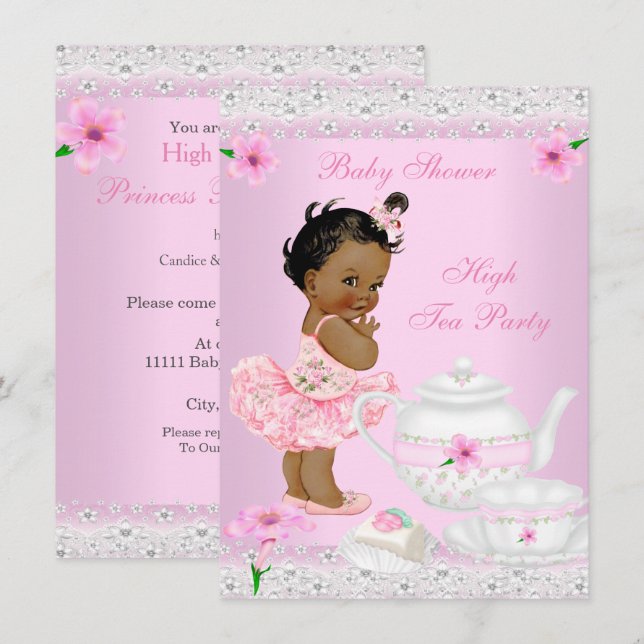 Invitación Etnia del Chica de Baby Shower Rosa High Tea Fiest (Anverso / Reverso)