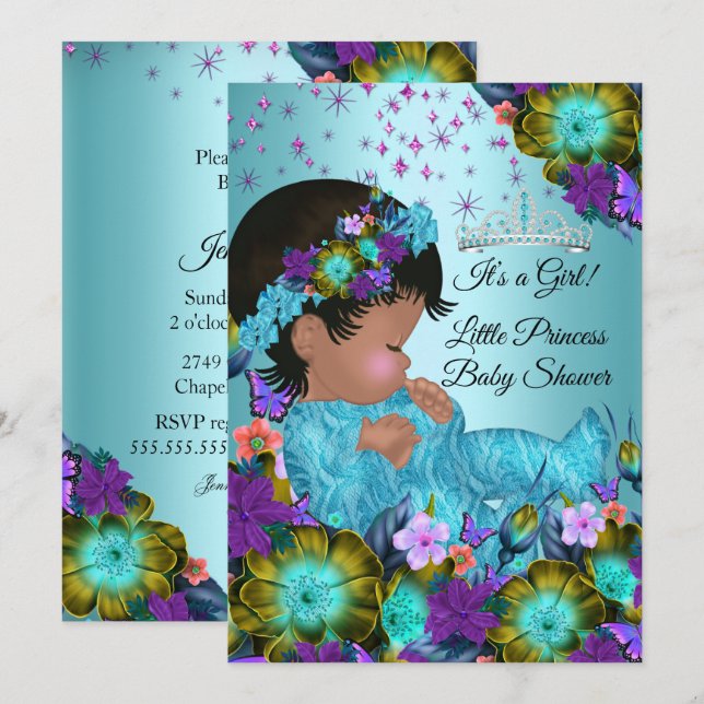 Invitación Etnia floral morada Verde azulada de Baby Shower (Anverso / Reverso)