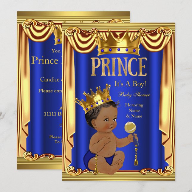 Invitación Etnia real de oro de príncipe azul Baby Shower (Anverso / Reverso)