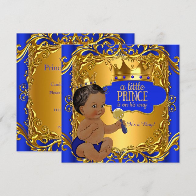 Invitación Etnia real del oro azul del príncipe Baby Shower (Anverso / Reverso)