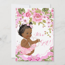Invitación Etnia Tutu, Chica de Baby Shower con flores rosada