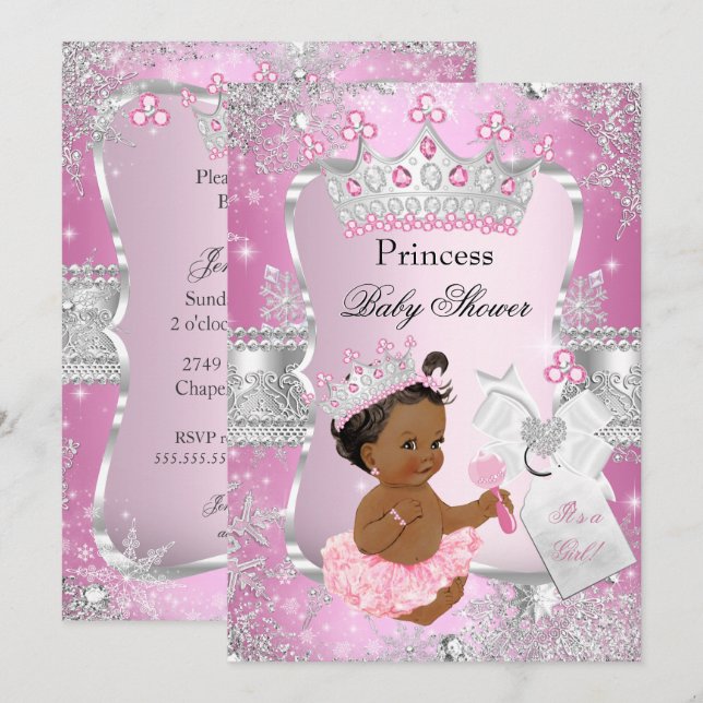 Invitación Étnica de Baby Shower Princesa de Plata Rosa (Anverso / Reverso)