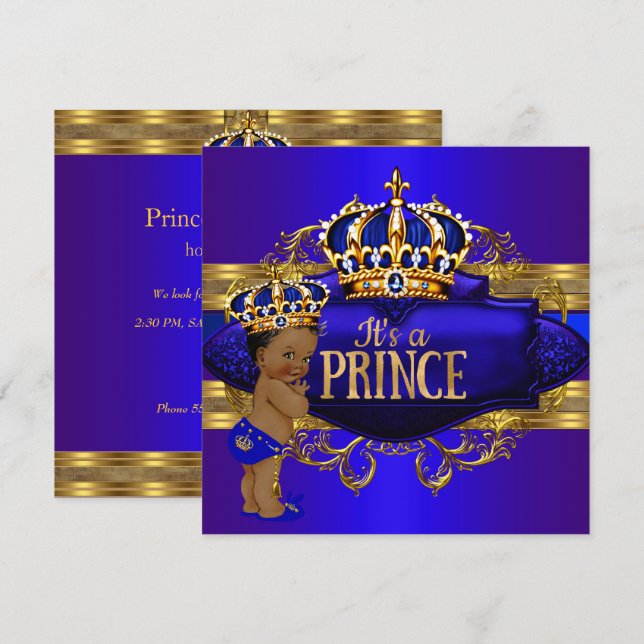 Invitación étnica de Prince Baby Shower Royal Blue (Anverso / Reverso)