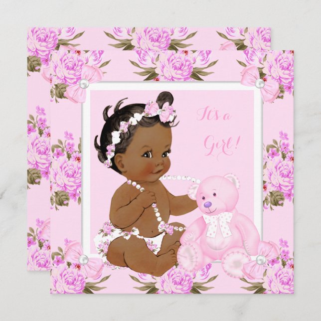 Invitación Étnica del oso rosado del Chica de Baby Shower flo (Anverso / Reverso)