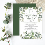 Invitación Eucalipto 21ª Fiesta de cumpleaños<br><div class="desc">Hermoso bosque neutro de género y diseño de eucaliptos sage verde semilla "Fiesta de cumpleaños 21". Tono claro y engañosamente sencillo en el diseño de tonos sobre un fondo blanco y nítido. El reverso presenta un sencillo color verde del bosque sólido.</div>