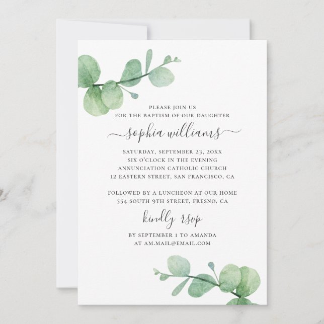 Invitación Eucalipto acuarela. Baptismo vegetal en (Anverso)