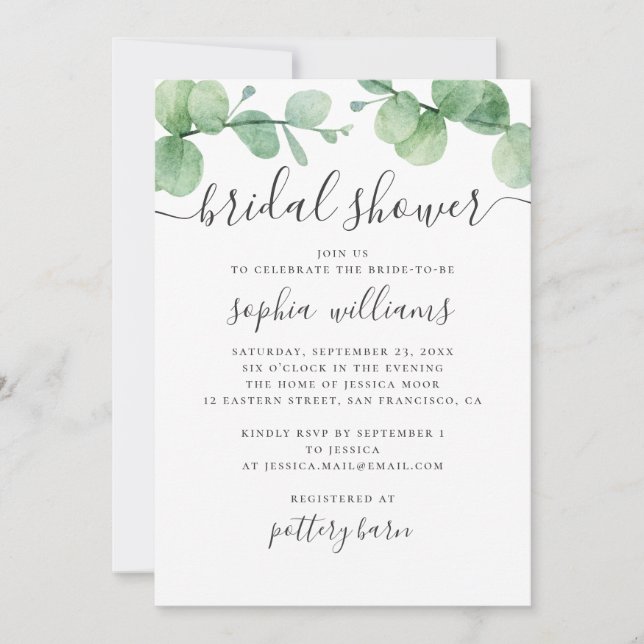 Invitación Eucalipto acuarela. Ducha de novia verde (Anverso)