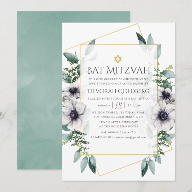 Invitación Eucalipto Anémona Geométrica Bat Mitzvah (Anverso / Reverso)