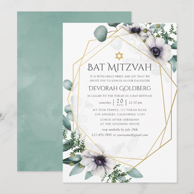 Invitación Eucalipto Anémona Geométrica Bat Mitzvah (Anverso / Reverso)