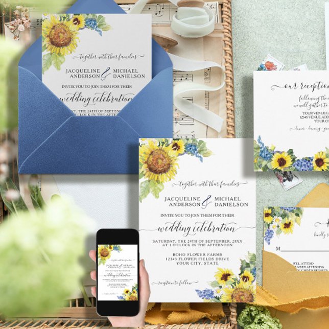 Invitación Eucalipto Azul Floral de girasol Boda de Moda BOHO (Subido por el creador)