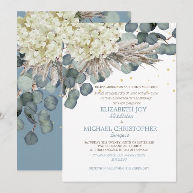 Invitación Eucalipto azul floral Dusty Elegante Boda de oro (Anverso / Reverso)