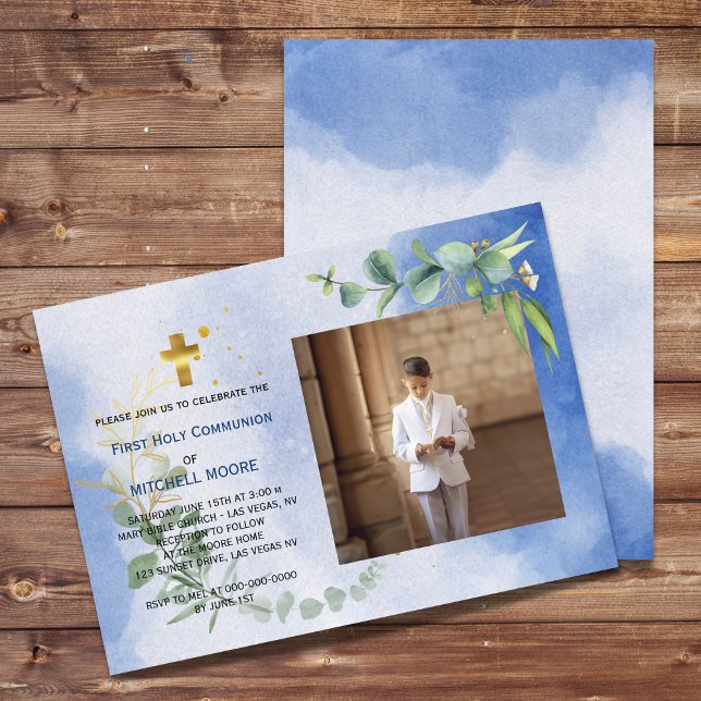 Invitación Eucalipto azul real Primera foto de la comunión sa (Subido por el creador)