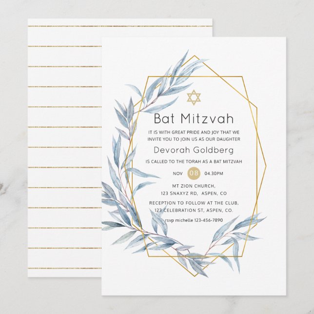 Invitación Eucalipto Bat Mitzvah geométrico azul y oro (Anverso / Reverso)