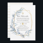 Invitación Eucalipto Bat Mitzvah geométrico azul y oro<br><div class="desc">Elegante eucalipto de bosque de hojas de bat mitzvah invitación diseñada para ser rápida y fácilmente adaptada a sus necesidades específicas.</div>