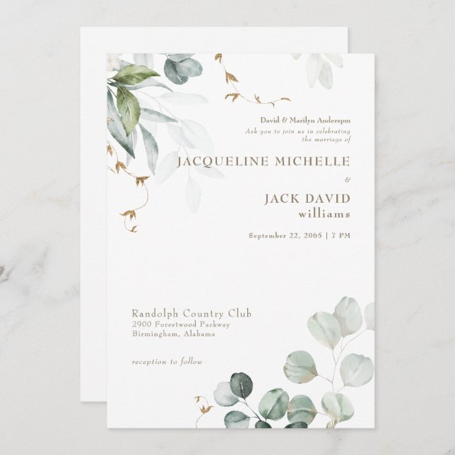Invitación Eucalipto Blanco Elegancia Novia Padres Bodas (Anverso / Reverso)
