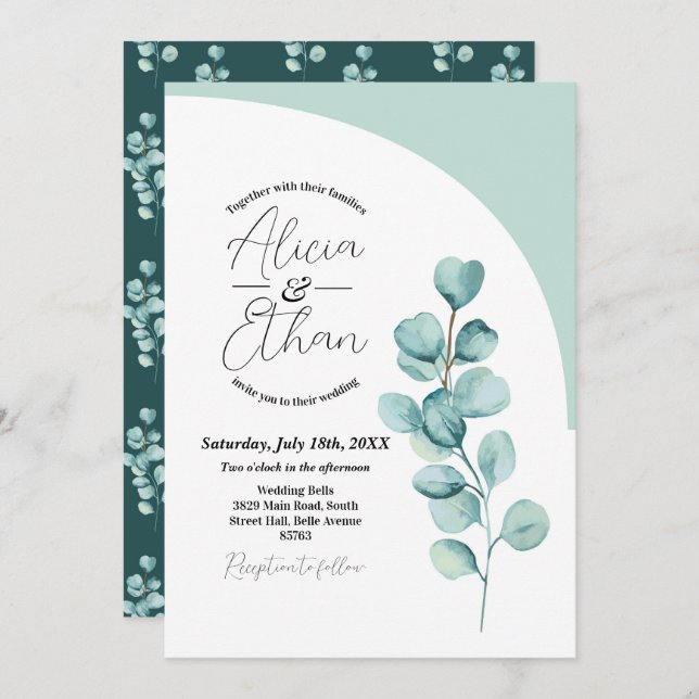 Invitación Eucalipto boda deja verde simple elegante (Anverso / Reverso)