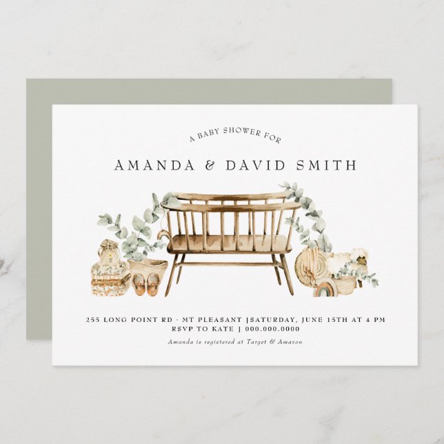 Invitación Eucalipto Bohemia Baby Shower Sage Green  (Anverso / Reverso)